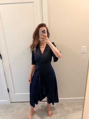 Lulu's Navy Wrap Midi Dress with V-Neck